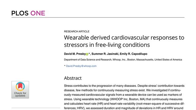 Wearable derived cardiovascular responses to stressors in free-living conditions