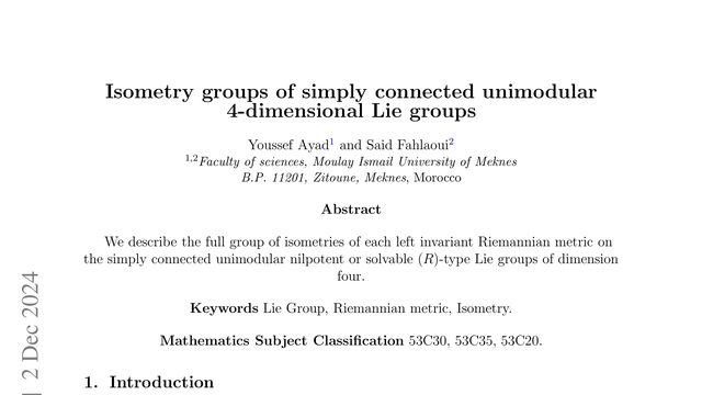 Isometry groups of simply connected unimodular 4-dimensional Lie groups