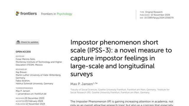 Impostor phenomenon short scale (IPSS-3): a novel measure to capture impostor feelings in large-scale and longitudinal surveys