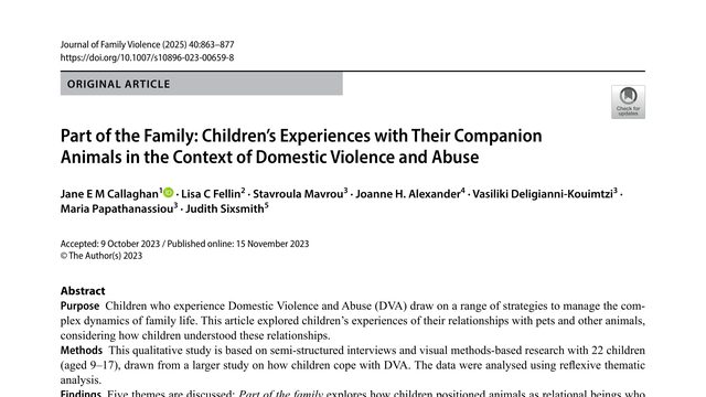 Part of the Family: Children’s Experiences with Their Companion Animals in the Context of Domestic Violence and Abuse