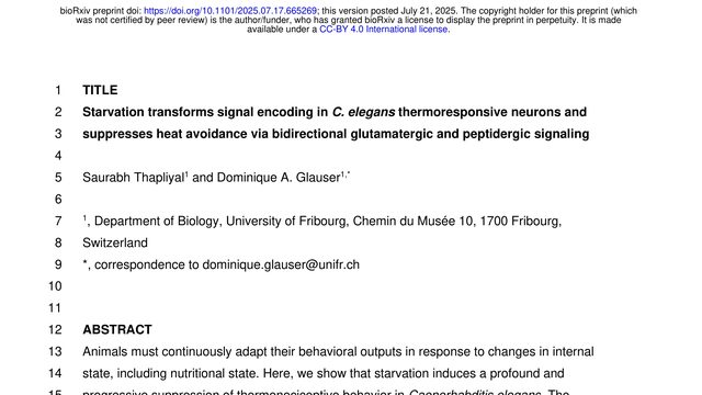 Starvation transforms signal encoding in C. elegans thermoresponsive neurons and suppresses heat avoidance via bidirectional glutamatergic and peptidergic signaling