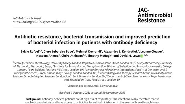 Antibiotic resistance, bacterial transmission and improved prediction of bacterial infection in patients with antibody deficiency