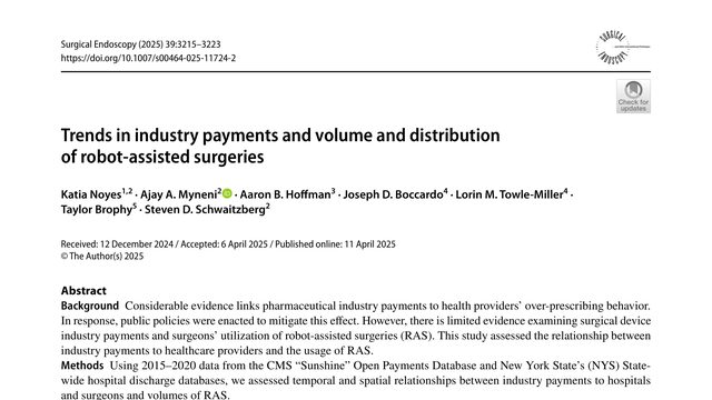 Trends in industry payments and volume and distribution of robot-assisted surgeries