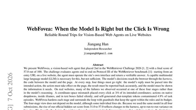 WebFovea: When the Model Is Right but the Click Is Wrong -- Reliable Round Trips for Vision-Based Web Agents on Live Websites