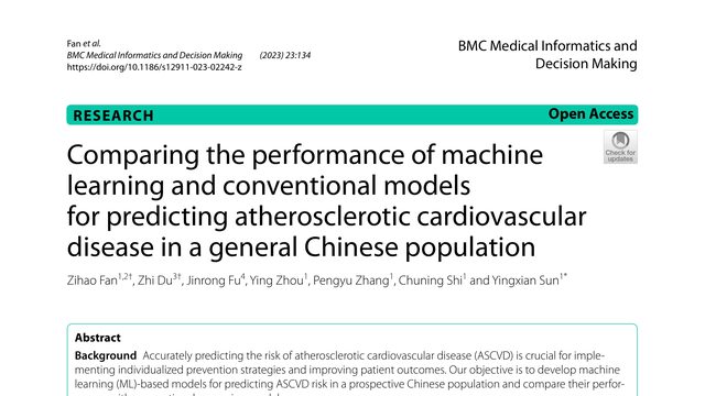Comparing the performance of machine learning and conventional models for predicting atherosclerotic cardiovascular disease in a general Chinese population