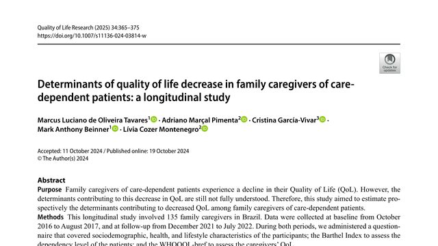 Determinants of quality of life decrease in family caregivers of care-dependent patients: a longitudinal study