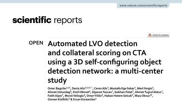Automated LVO detection and collateral scoring on CTA using a 3D self-configuring object detection network: a multi-center study