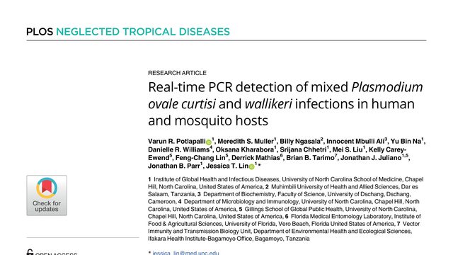 Real-time PCR detection of mixed Plasmodium ovale curtisi and wallikeri infections in human and mosquito hosts