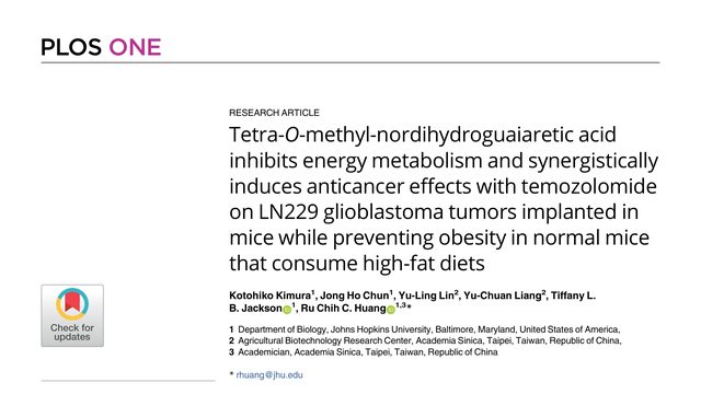 Tetra-O-methyl-nordihydroguaiaretic acid inhibits energy metabolism and synergistically induces anticancer effects with temozolomide on LN229 glioblastoma tumors implanted in mice while preventing obesity in normal mice that consume high-fat diets