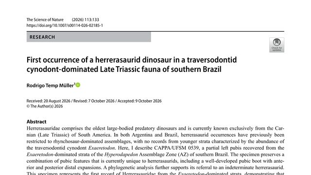 First occurrence of a herrerasaurid dinosaur in a traversodontid cynodont-dominated Late Triassic fauna of southern Brazil