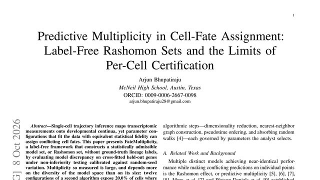 Predictive Multiplicity in Cell-Fate Assignment: Label-Free Rashomon Sets and the Limits of Per-Cell Certification