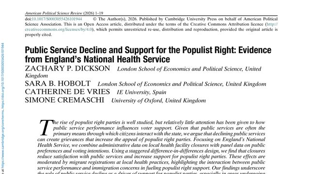 Public Service Decline and Support for the Populist Right: Evidence from England’s National Health Service
