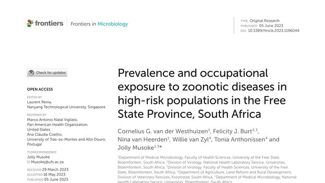Prevalence and occupational exposure to zoonotic diseases in high-risk populations in the Free State Province, South Africa