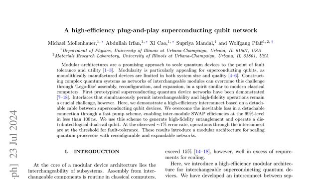 A high-efficiency elementary network of interchangeable superconducting qubit devices
