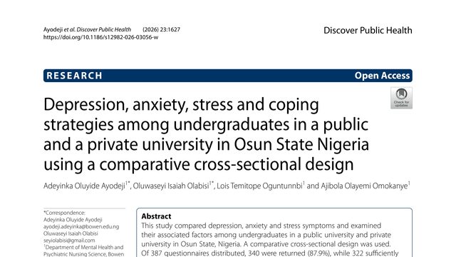 Depression, anxiety, stress and coping strategies among undergraduates in a public and a private university in Osun State Nigeria using a comparative cross-sectional design