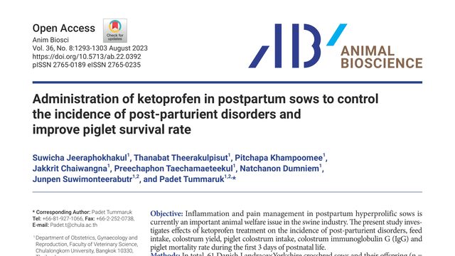 Administration of ketoprofen in postpartum sows to control the incidence of post-parturient disorders and improve piglet survival rate