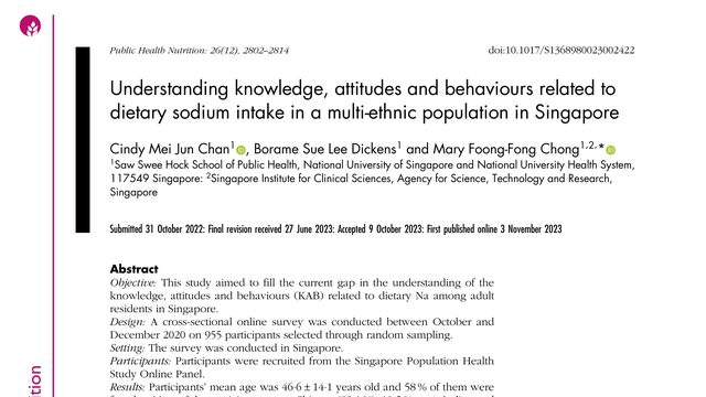 Understanding knowledge, attitudes and behaviours related to dietary sodium intake in a multi-ethnic population in Singapore