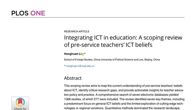 Integrating ICT in education: A scoping review of pre-service teachers’ ICT beliefs