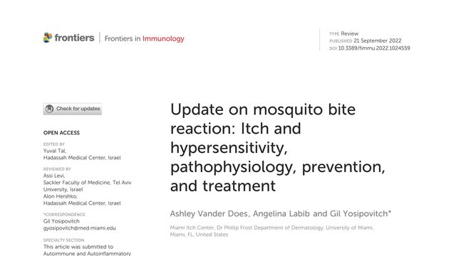 Update on mosquito bite reaction: Itch and hypersensitivity, pathophysiology, prevention, and treatment