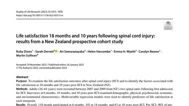 Life satisfaction 18 months and 10 years following spinal cord injury: results from a New Zealand prospective cohort study