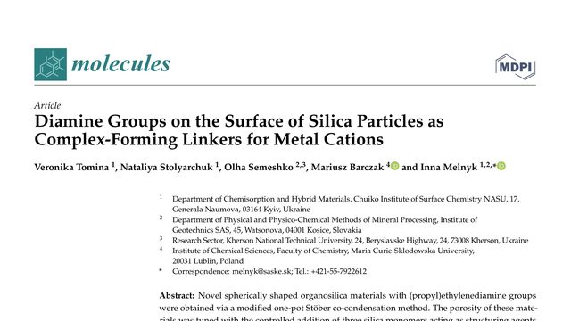 Diamine Groups on the Surface of Silica Particles as Complex-Forming Linkers for Metal Cations