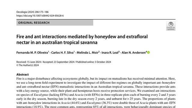 Fire and ant interactions mediated by honeydew and extrafloral nectar in an australian tropical savanna