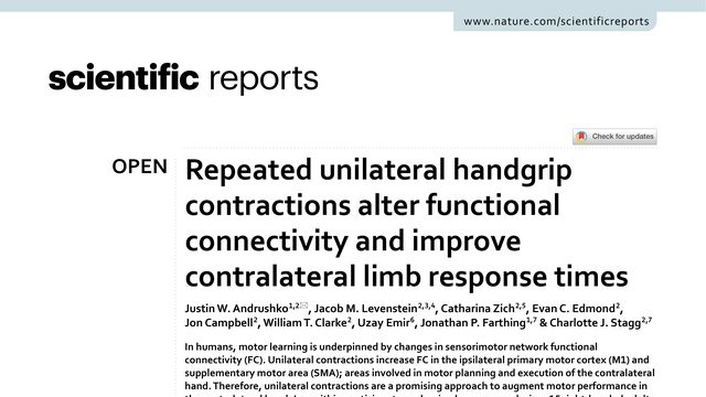 Repeated unilateral handgrip contractions alter functional connectivity and improve contralateral limb response times