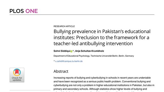 Bullying prevalence in Pakistan’s educational institutes: Preclusion to the framework for a teacher-led antibullying intervention