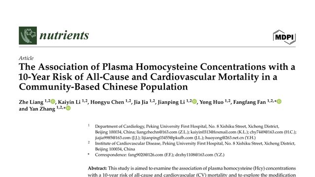 The Association of Plasma Homocysteine Concentrations with a 10-Year Risk of All-Cause and Cardiovascular Mortality in a Community-Based Chinese Population