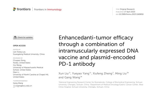 Enhancedanti-tumor efficacy through a combination of intramuscularly expressed DNA vaccine and plasmid-encoded PD-1 antibody